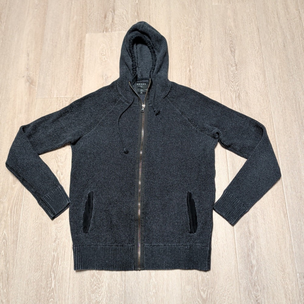 Guess Zip Up Sweater Mens XL Charcoal Grey Ribbed Knit Hooded 100% Cotton Y2K